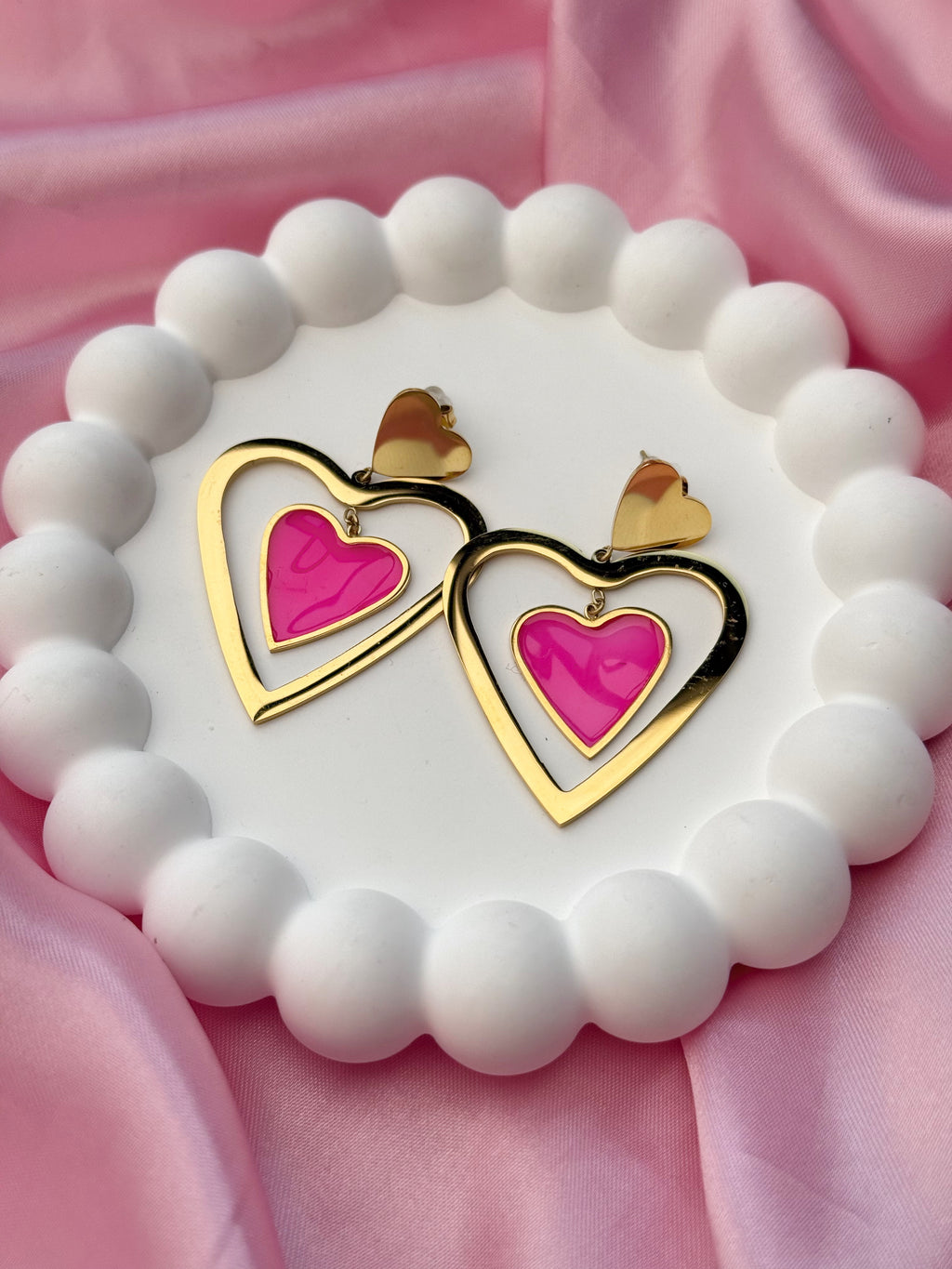 Earrings - Double Heart - Pink