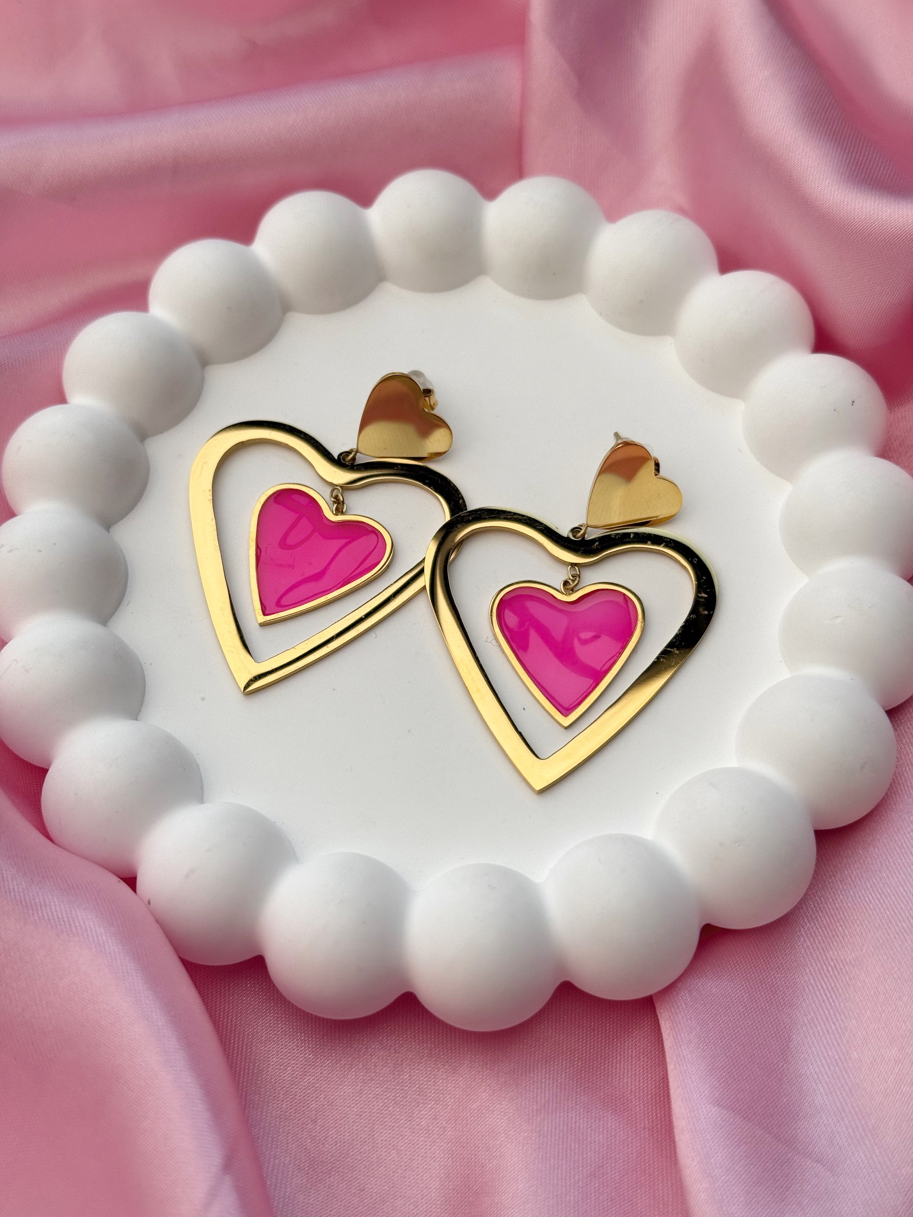 Earrings - Double Heart - Pink