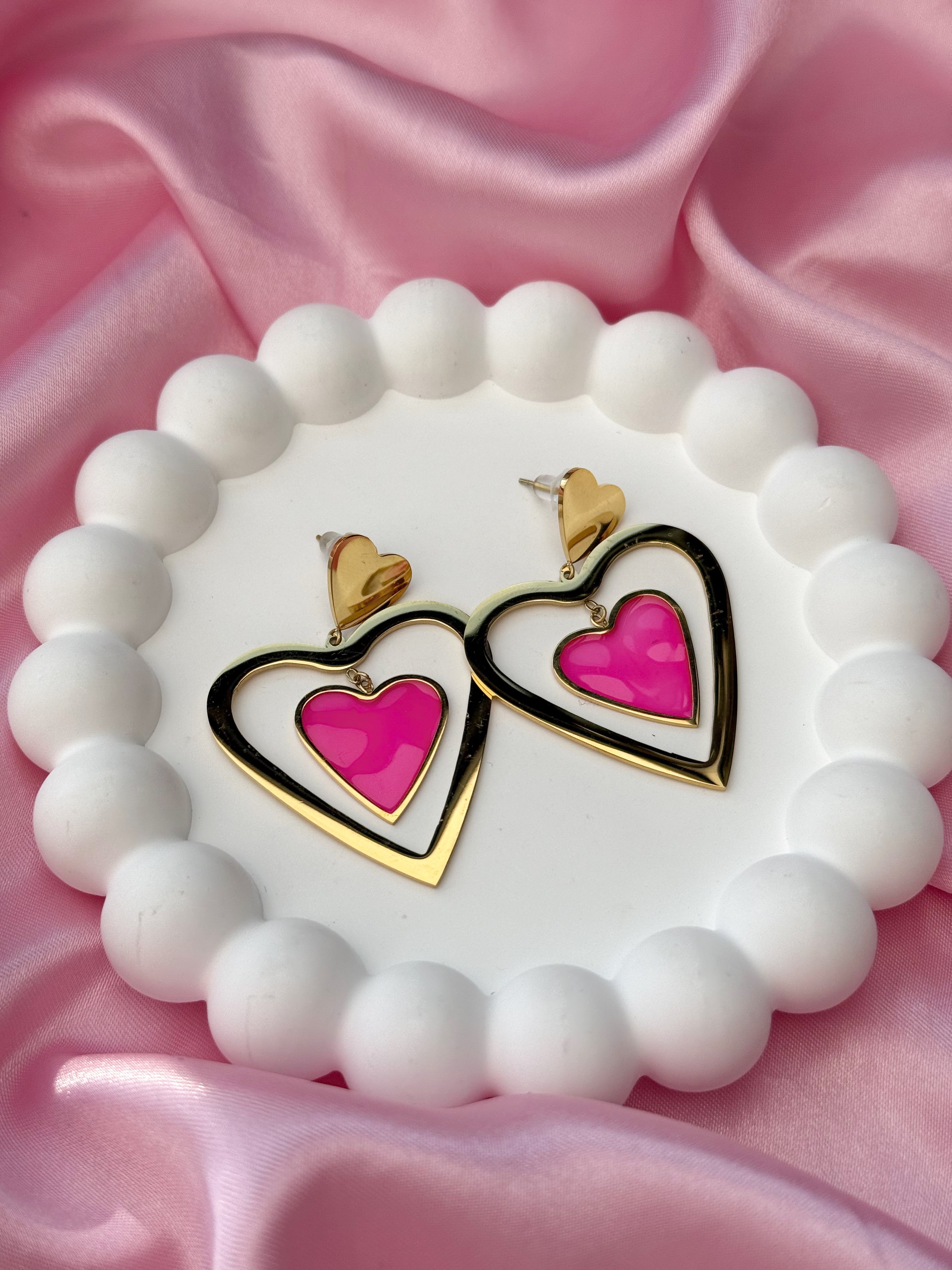 Earrings - Double Heart - Pink