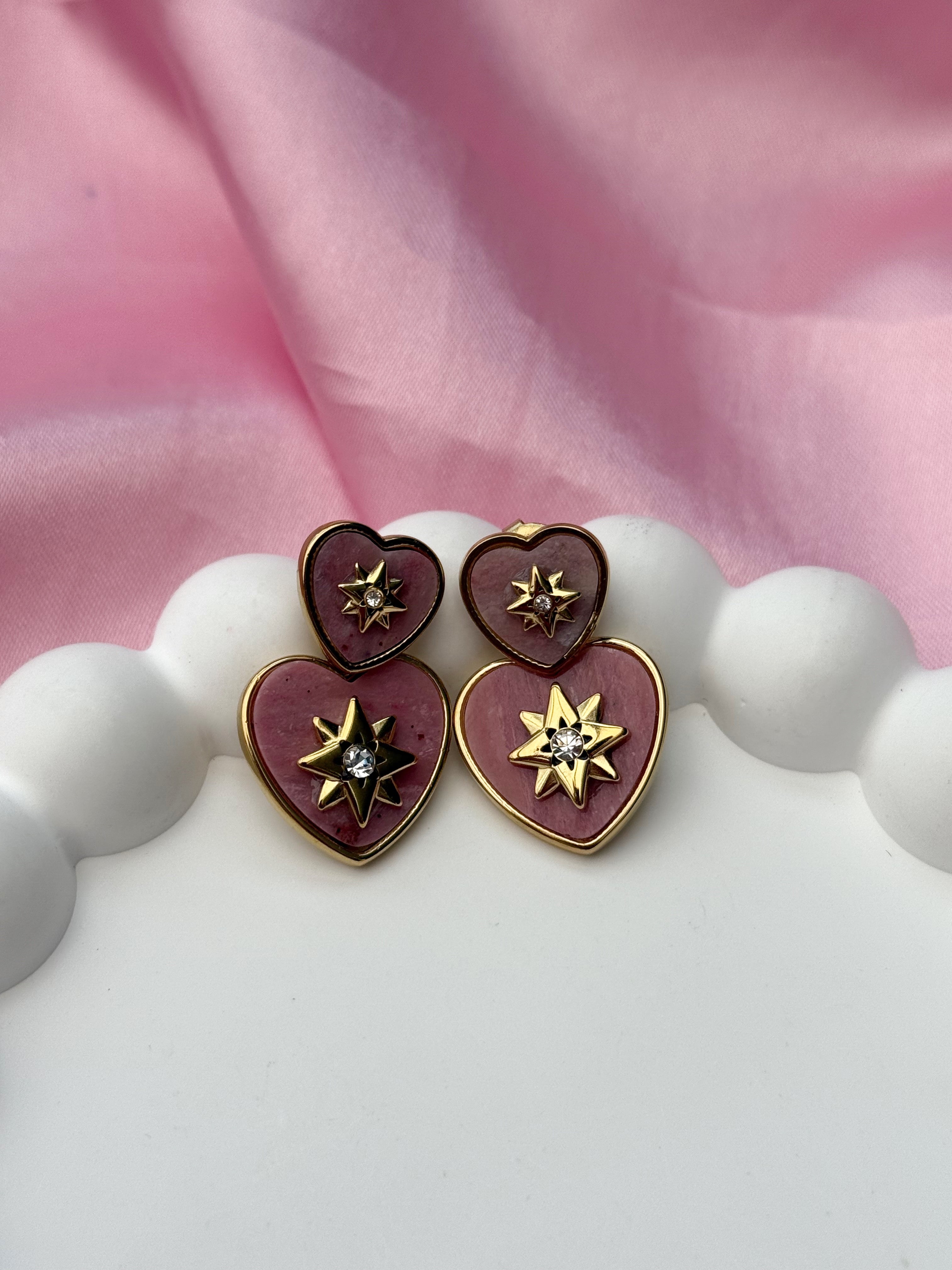 Earrings - Heart with Stars - Pink
