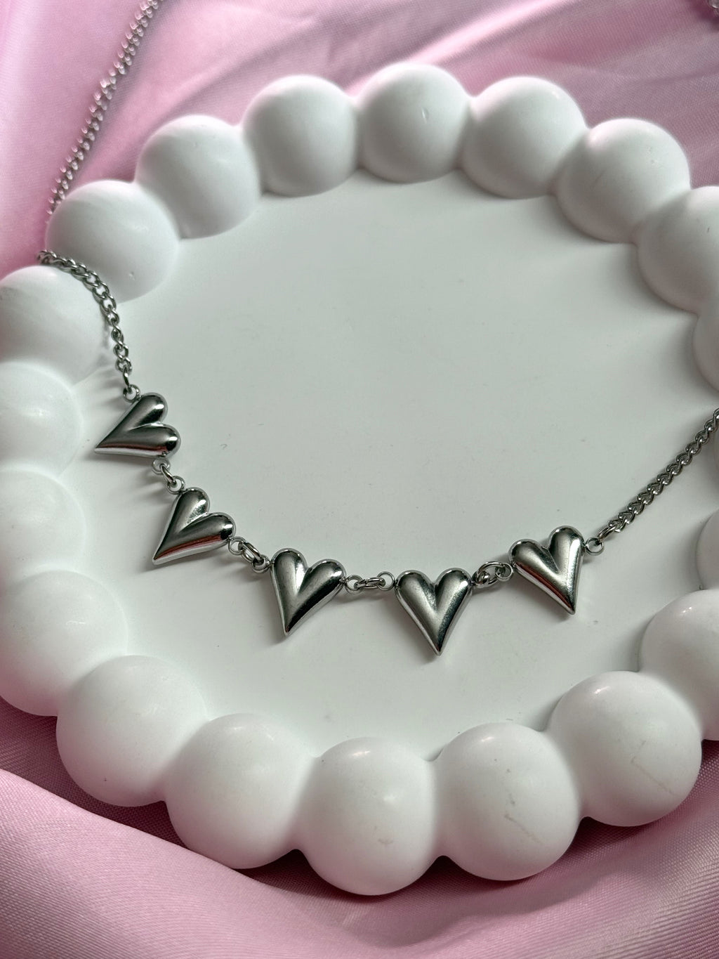 Necklace- 5 hearts - Silver