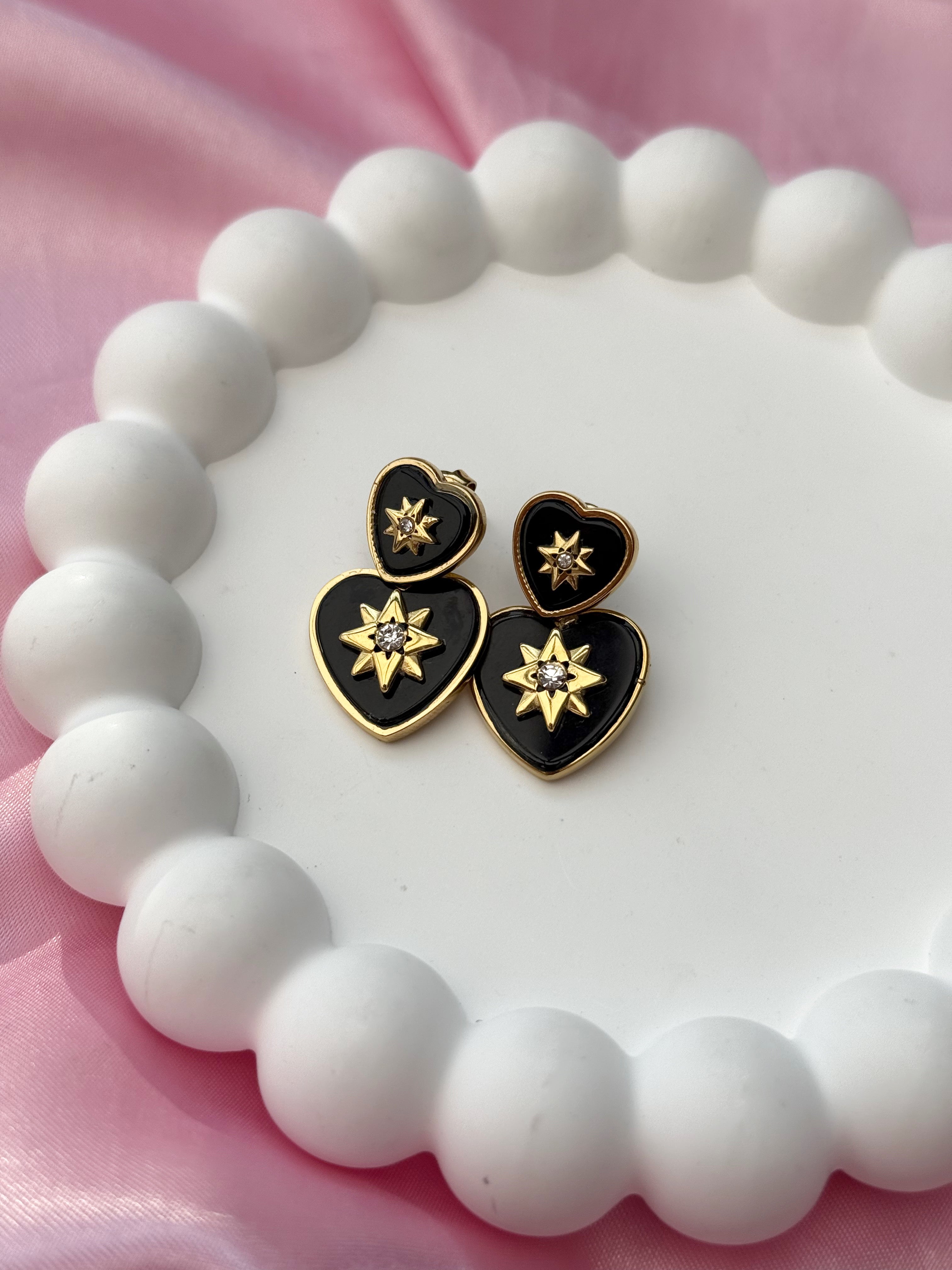 Earrings - Heart with Stars - Black