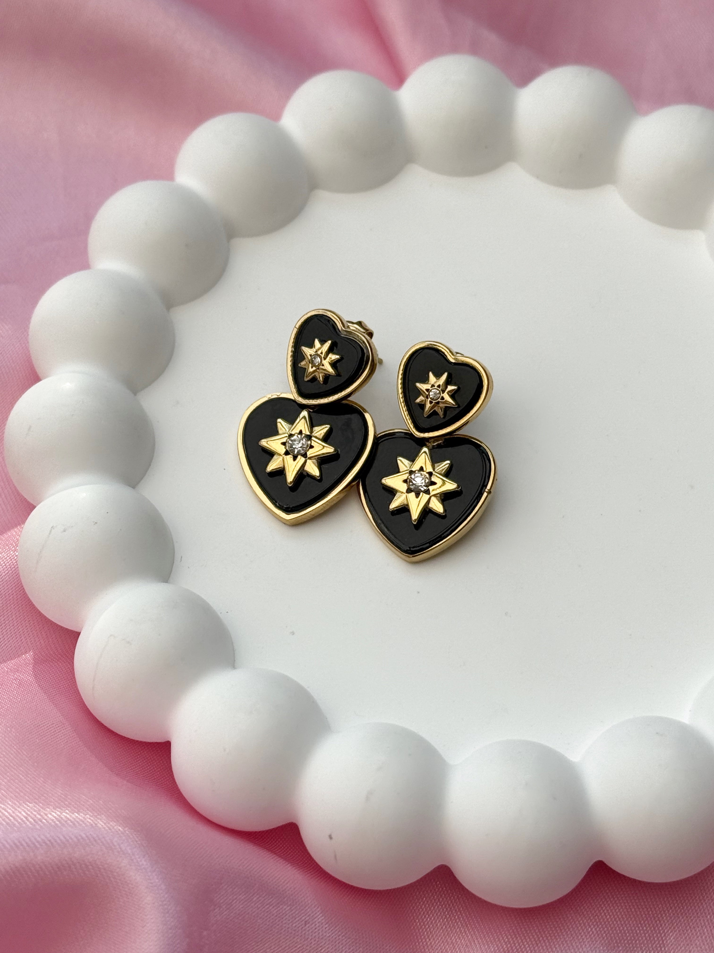 Earrings - Heart with Stars - Black