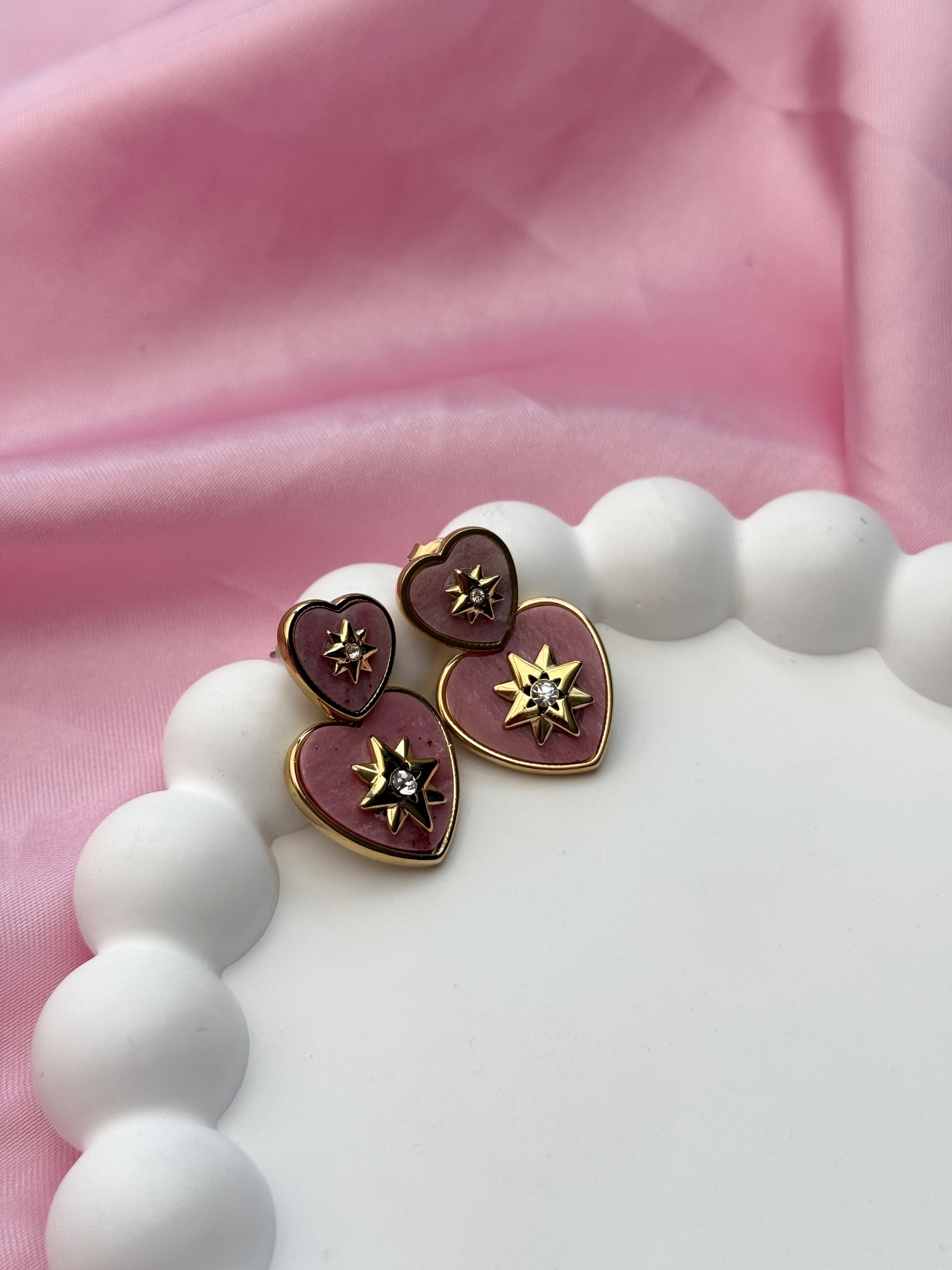 Earrings - Heart with Stars - Pink