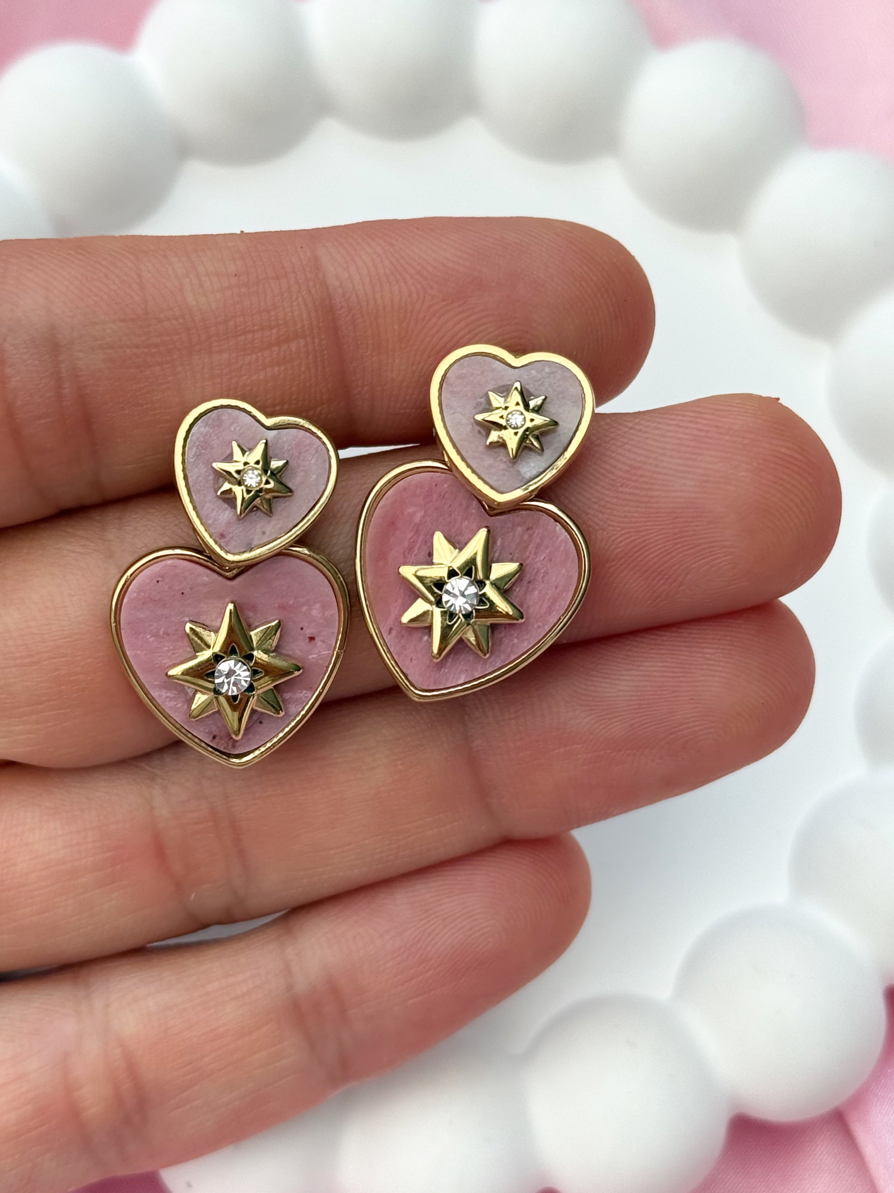 Earrings - Heart with Stars - Pink