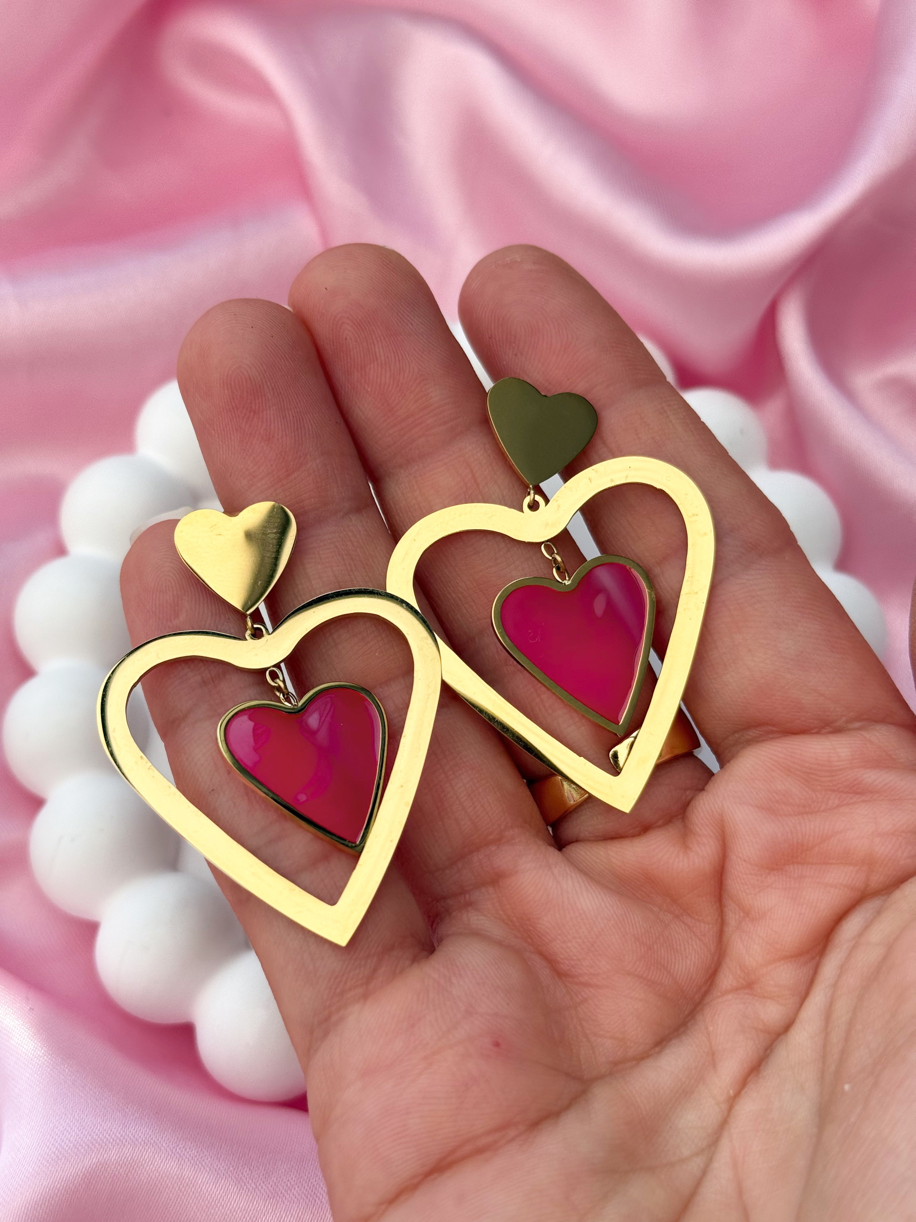 Earrings - Double Heart - Pink