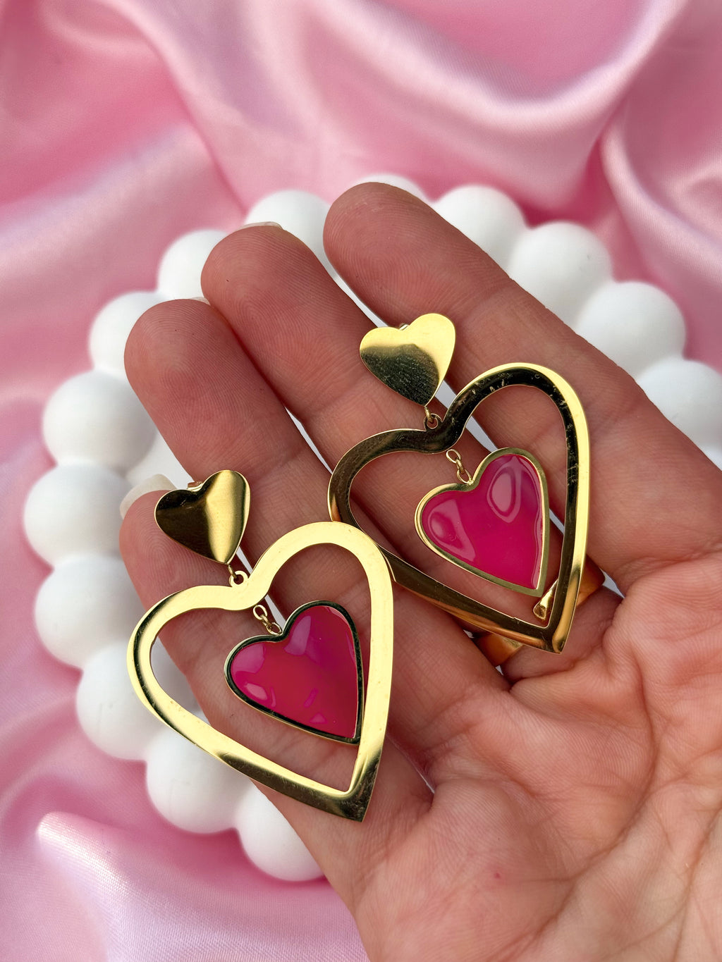 Earrings - Double Heart - Pink