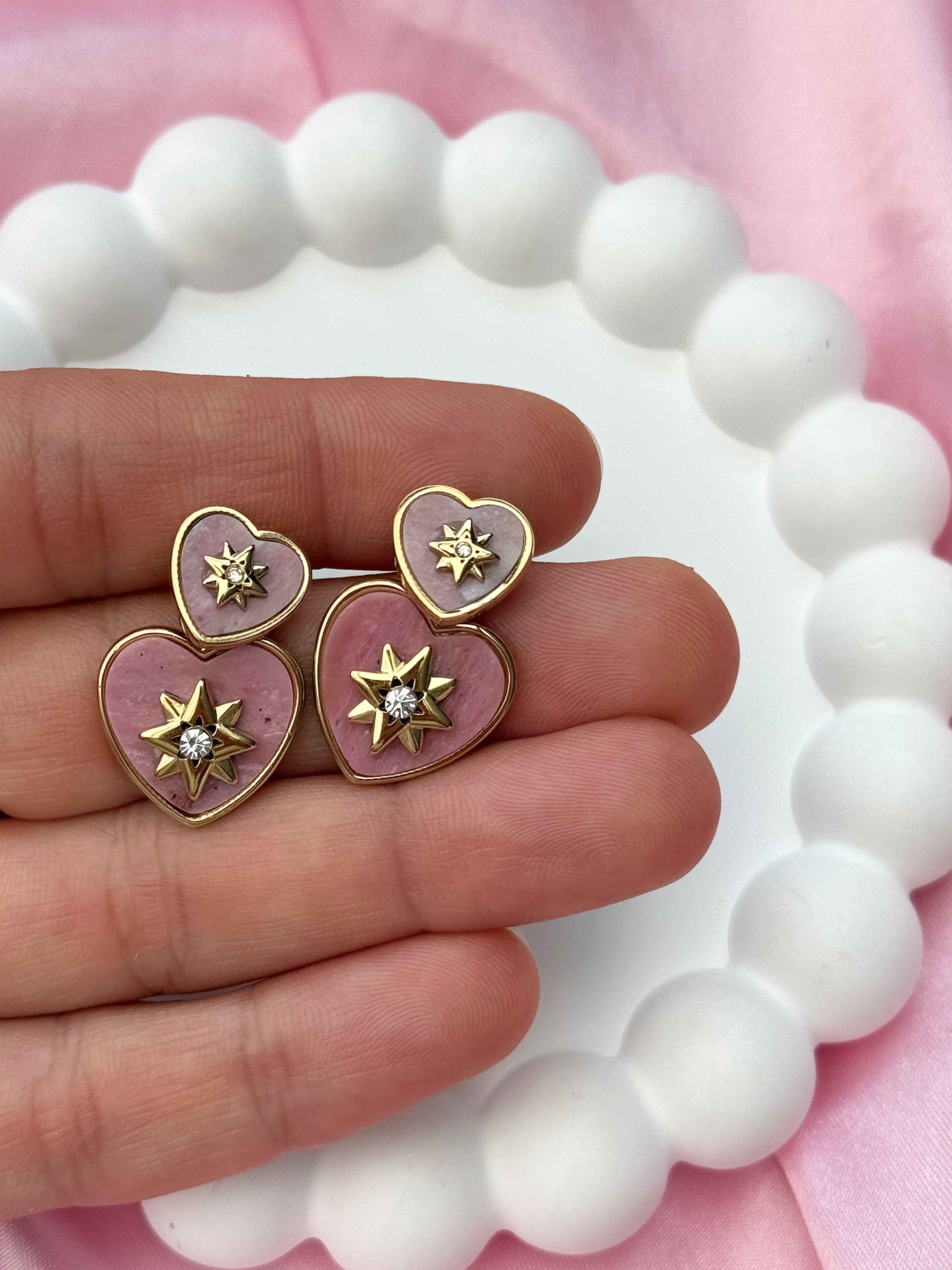 Earrings - Heart with Stars - Pink