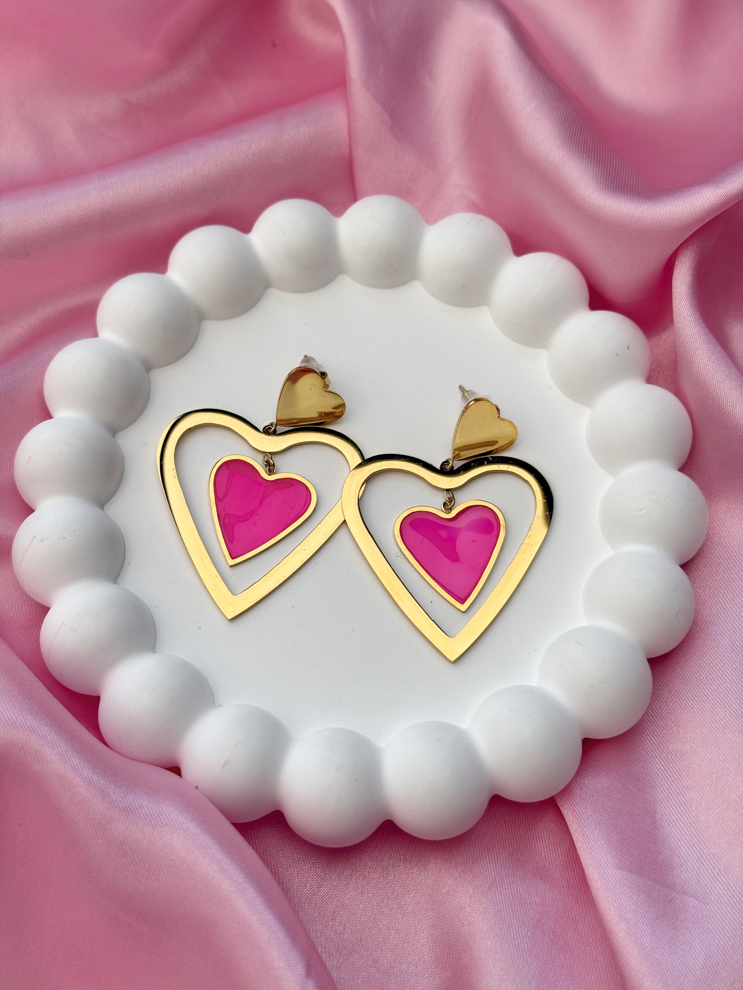 Earrings - Double Heart - Pink