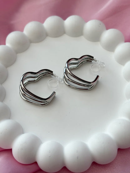 Clip on Earrings - Heart Shape - Silver